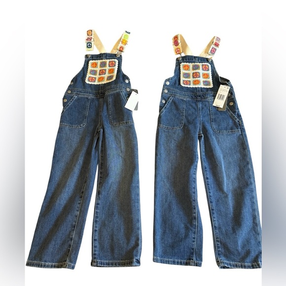NEW Girls Tractr White Crochet Patch Multi Color Peace ☮️ Denim overalls Indigo - Picture 2 of 16